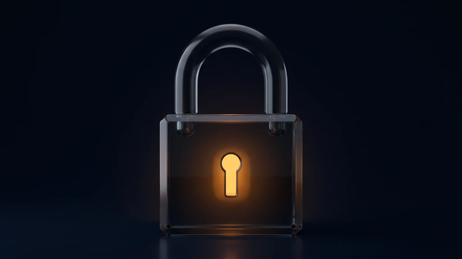 A closed padlock of dark smoked glass standing upright in a deep blue void, its keyhole glowing warm amber from deep inside the body