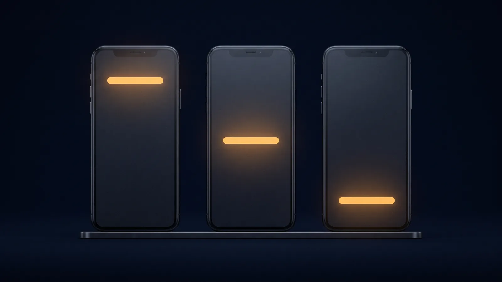 Three identical upright smartphones of dark smoked glass standing shoulder to shoulder on a low base rail in a deep blue void, every screen completely blank, each screen carrying one short warm amber bar at a different height, high on the left, at the middle on the center phone, low on the right