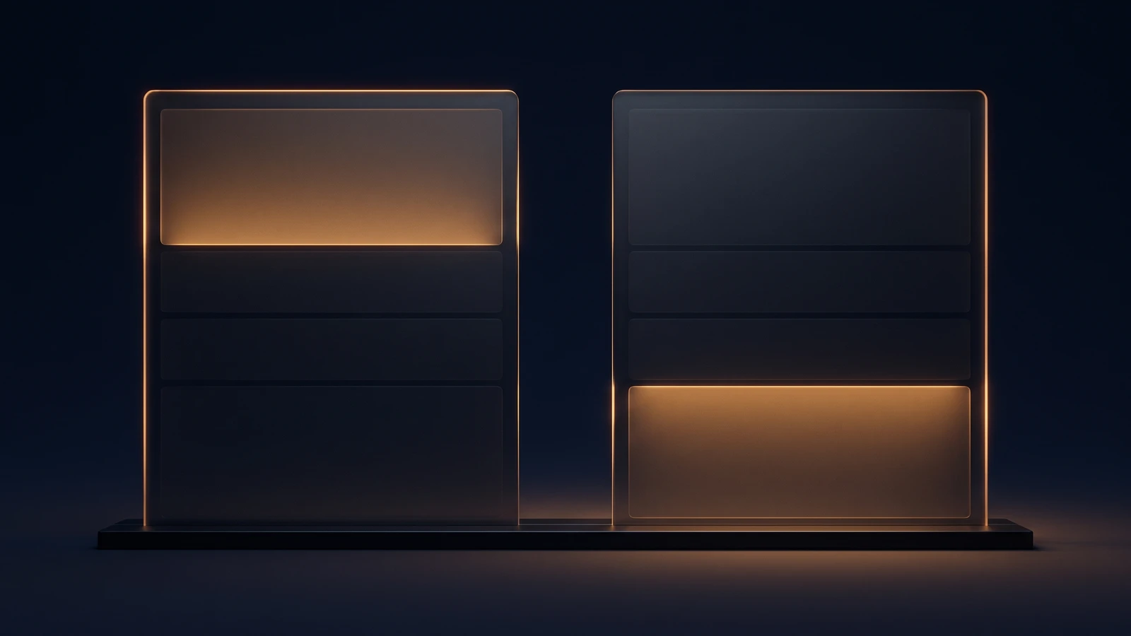 Two identical blank dark glass answer cards standing side by side on a low base rail in a deep blue void, each traced by a warm amber rim, the left card lit only in its top row and the right card lit only in its bottom row