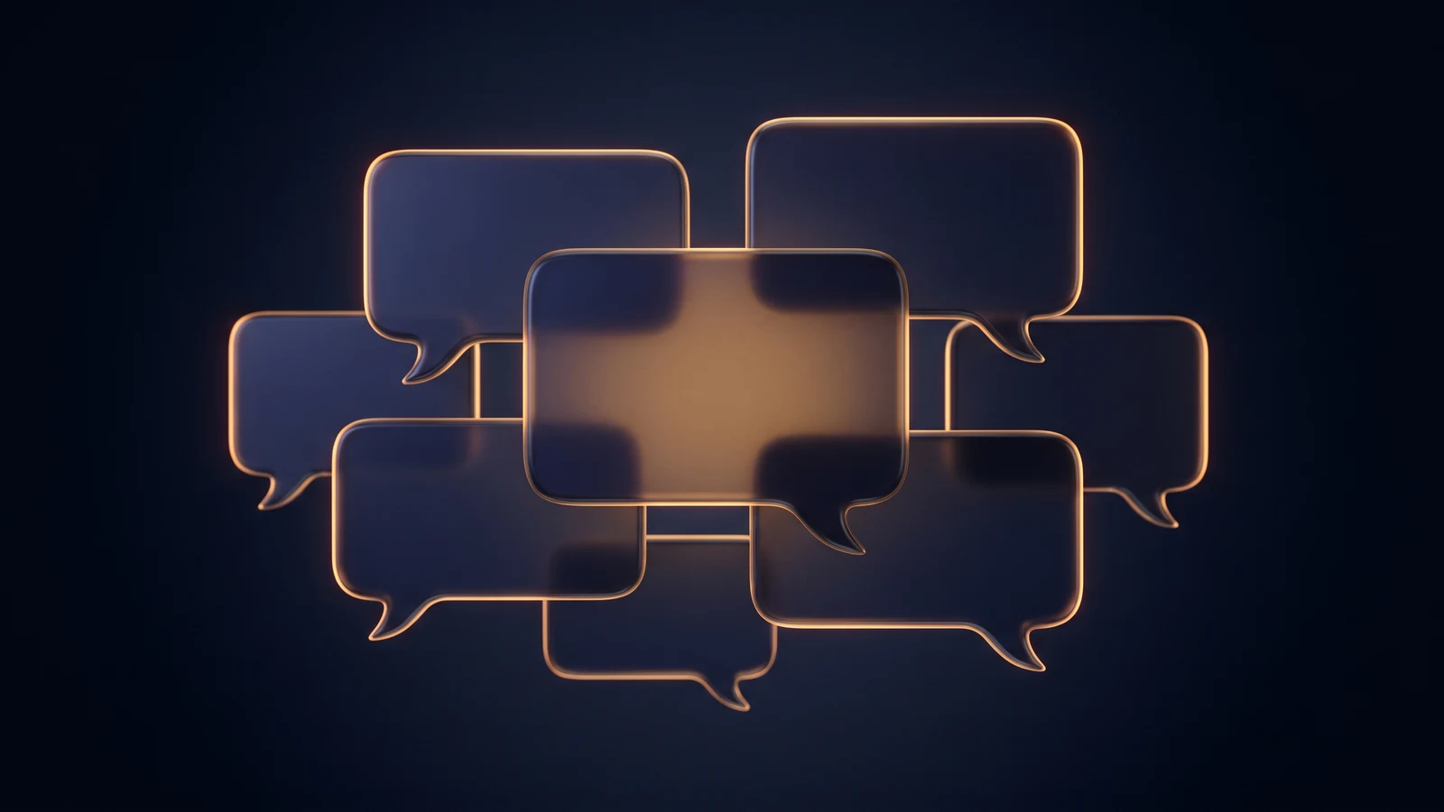 A crowded cluster of dark blank speech bubble plates in a deep blue void, each traced by a thin warm amber rim, with one larger plate near the middle of the crowd washed warm amber across its face