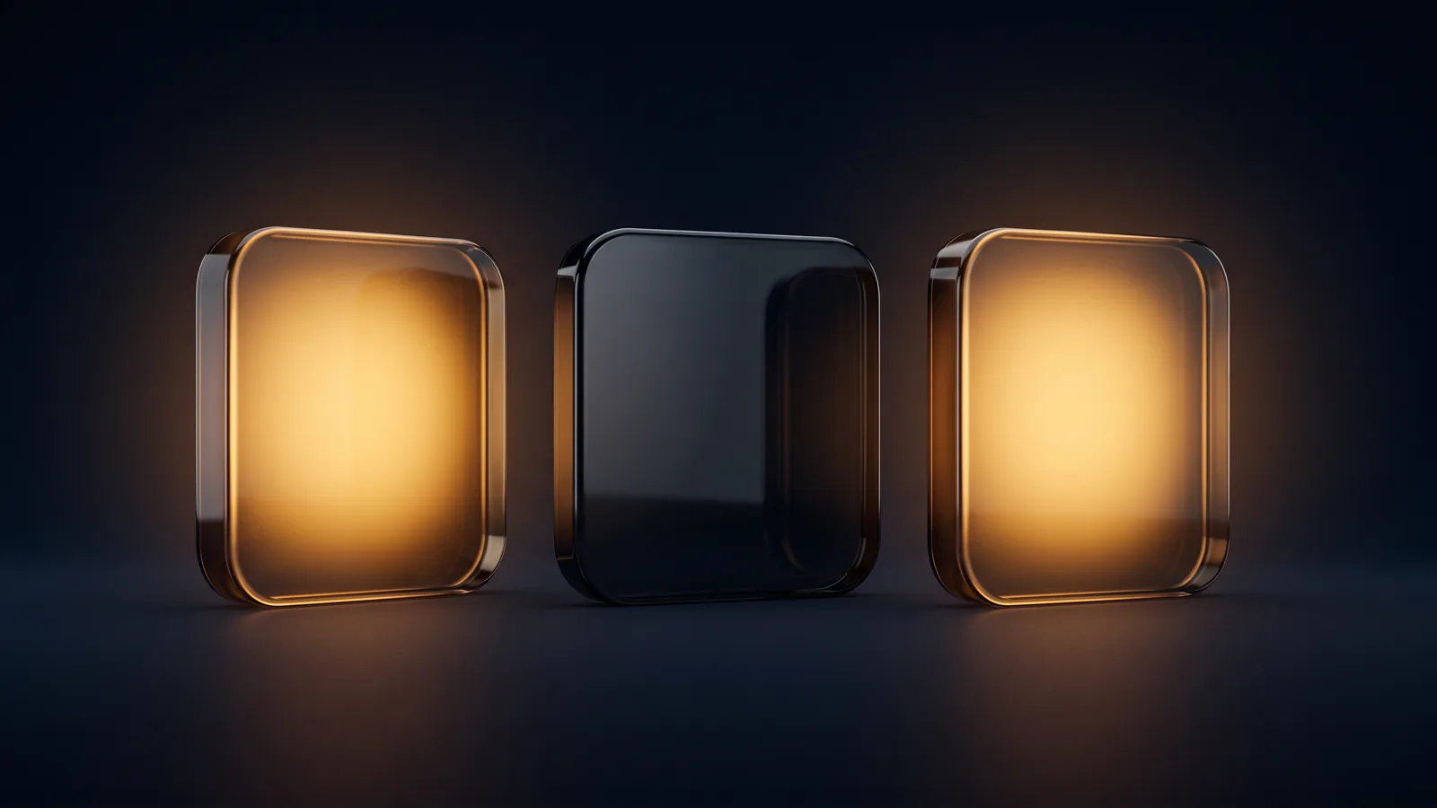 Three upright tiles of dark smoked glass standing in a row, the two outer ones glowing warm amber from within while the middle one stays dark