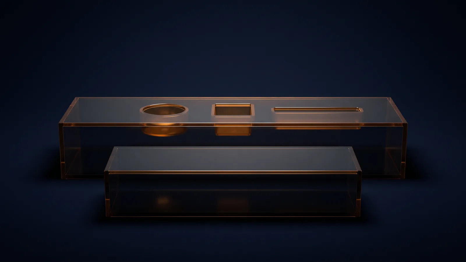 A wide low console of dark smoked glass in a deep blue void, its top set with three recessed sockets glowing warm amber, one round, one square and one long slot, and in front of it a large plain glass block that fits none of them