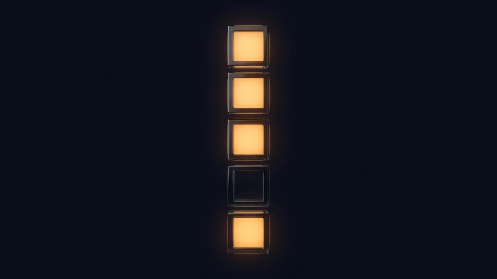 A vertical column of five square checkbox frames of dark smoked glass, four filled with glowing warm amber panes and the second from the bottom left empty and dark