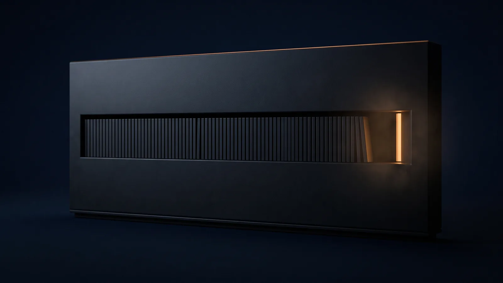 A broad blank dark queueing rail unit in a deep blue void, one long horizontal channel across its face packed end to end with identical unmarked upright tiles, and a single narrow opening at the right end lit warm amber from within
