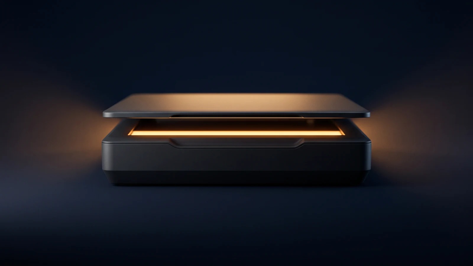 A compact flatbed scanner of matte near-black glass standing dead-on in a deep blue void, its lid propped slightly open with a clean warm amber line of light glowing in the gap along its full width