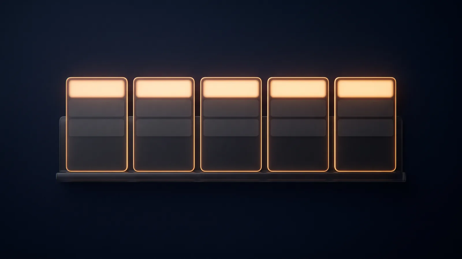 Five identical dark blank answer cards standing in a row on a low rail in a deep blue void, each with three blank rows, and on every card the same top row glowing warm amber