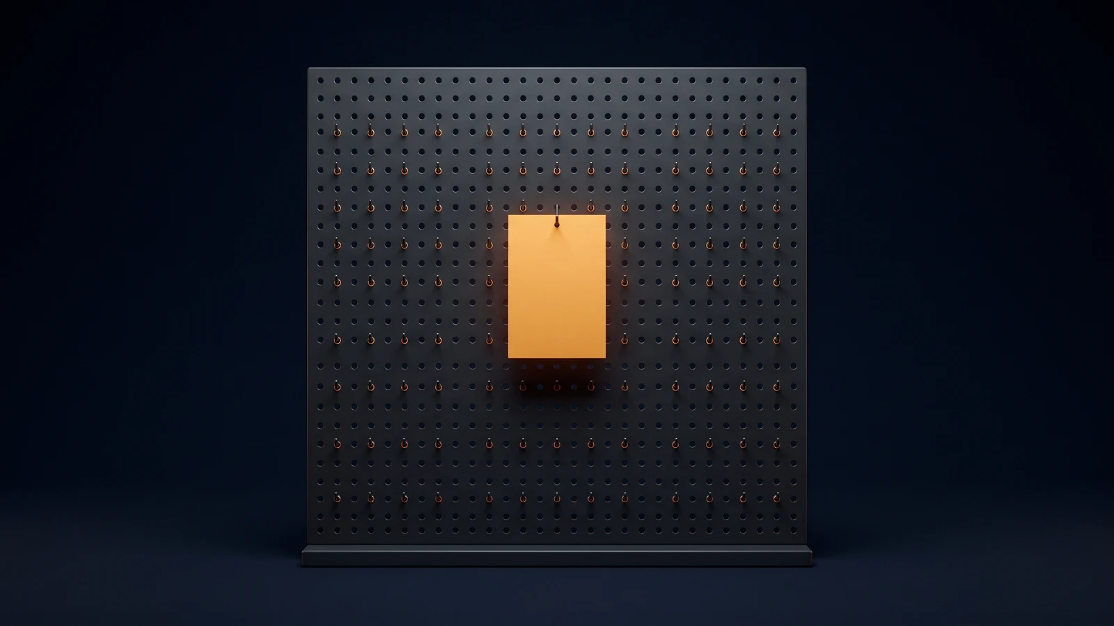 A broad blank hook board of dark smoked charcoal in a deep blue void, a dense grid of many identical empty hooks, one hook near the center carrying a single unmarked card washed warm amber
