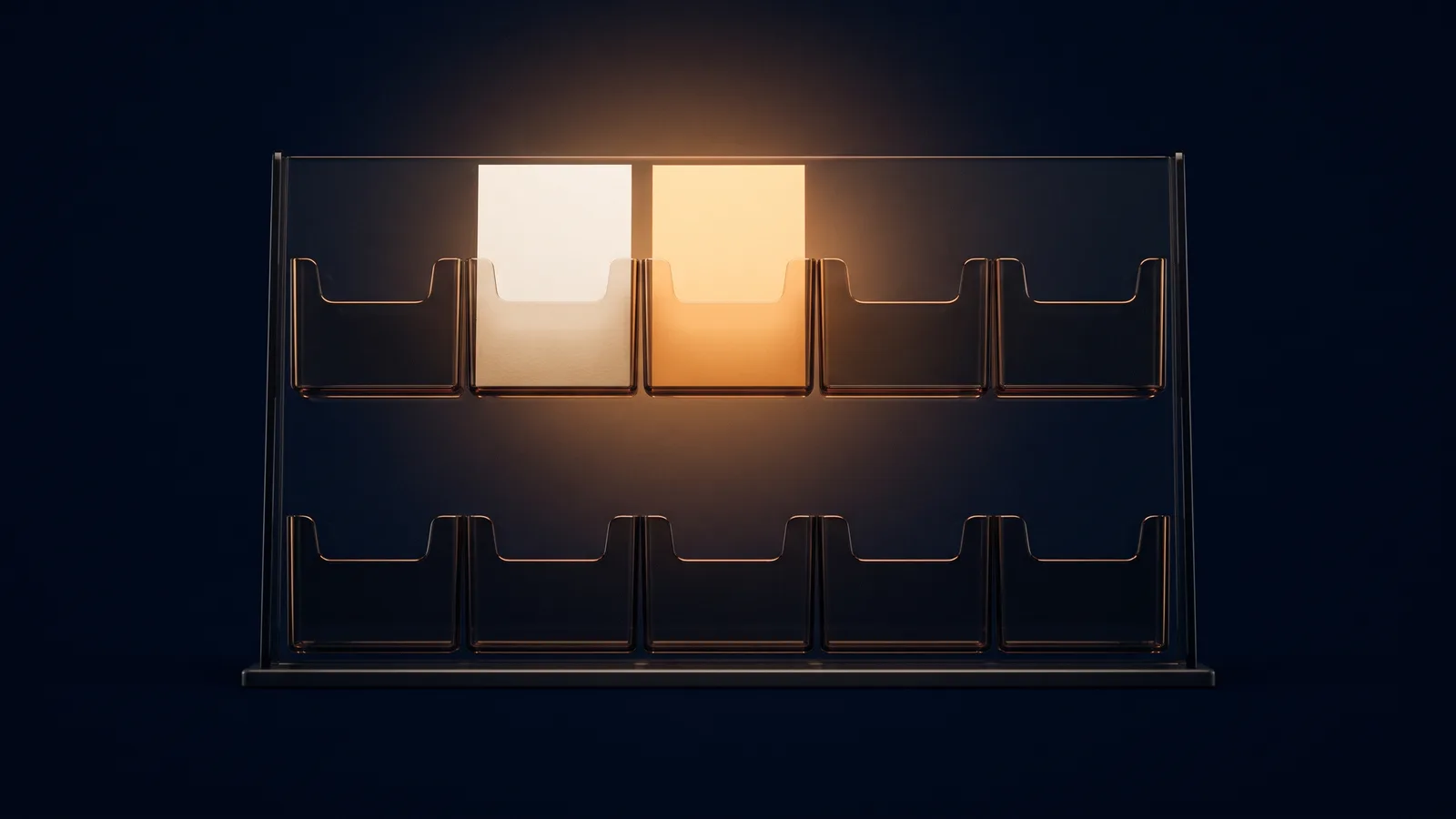 A broad two-row leaflet rack of dark smoked glass standing on a low base rail in a deep blue void, ten identical shallow pockets in all, eight of them empty and dark and two in the upper row holding blank cards washed warm amber from within